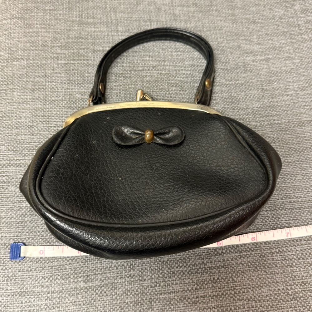 Vintage Black Faux Leather Kiss‎ Lock Mini Handbag Bow Accent Retro Mid Century